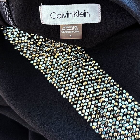 Calvin Klein Black Embellished Slit Rhinestone Long Sleeve Crepe Sheath Dress 4 - Picture 6 of 6